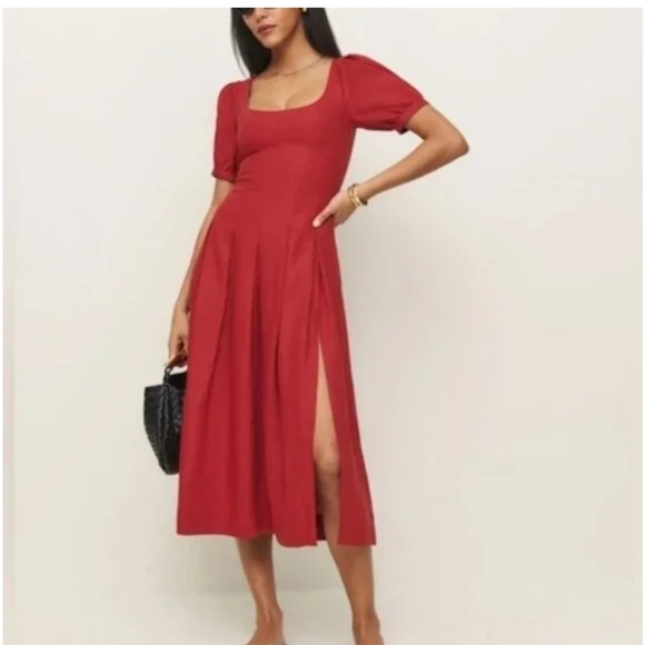 NEW Reformation Coucou Midi Linen Dress Sundried Tomato Red | US 4 UK 8 - Picture 1 of 6